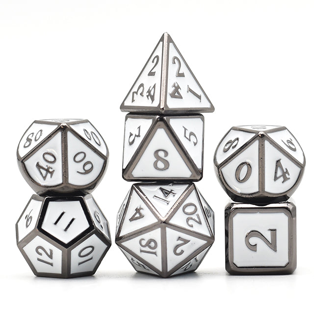 White Enameled Metal Dice Set - White enameled metal polyhedral dice set with black etched numbers, including d20, d12, d10, d8, d6, and d4.