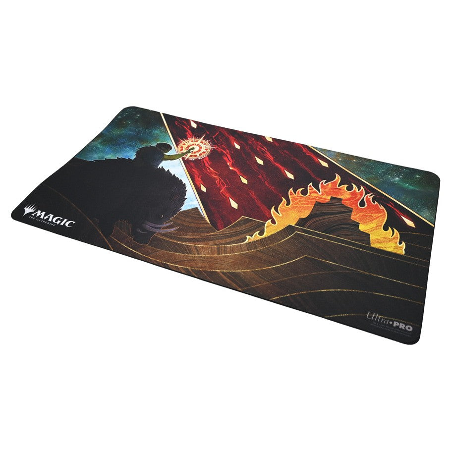 Playmat: MtG: Mystical Stone Rain - The Gathering playmat featuring a dark silhouette, mystical fiery red rain, and stylized golden flames on a black background.
