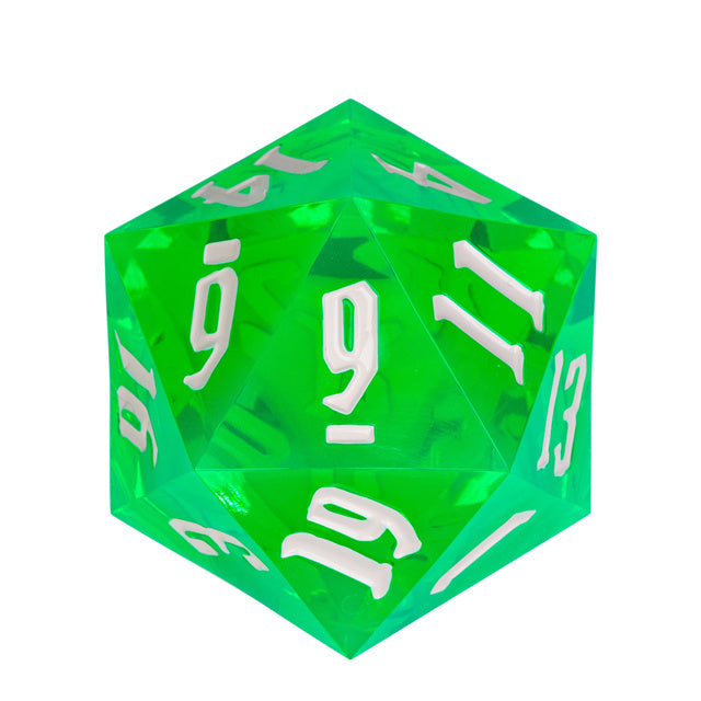 Giant 55mm D20 - Green - Giant translucent green acrylic 20-sided die with white numbers, 55mm size.