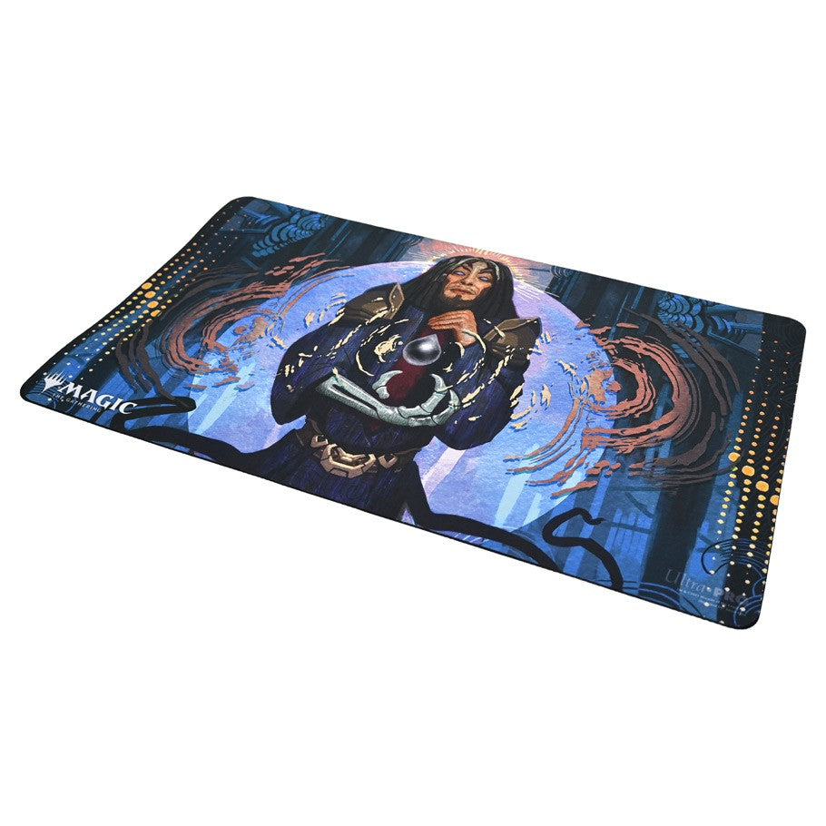 Playmat: MtG: Mystical Tezzeret's Gambit - Playmat featuring Mystical Tezzeret character with glowing mechanical arms and blue magical energy.
