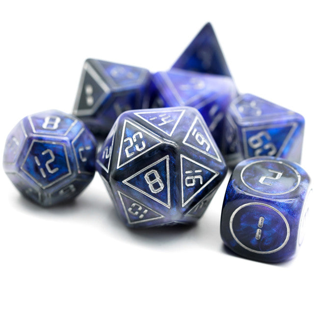 Blue Digital Font Dice Set - Blue polyhedral dice set with digital-style white numbers, including d20, d12, d10, d8, d6, and d4.