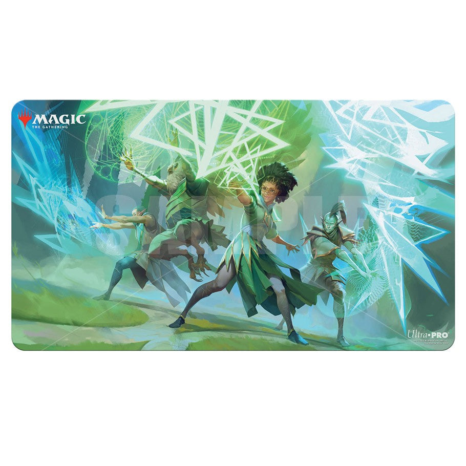Playmat: Magic The Gathering: Strixhaven V5 - Magic The Gathering Strixhaven V5 playmat with vibrant green and blue magical energy, featuring a central spellcaster and.
