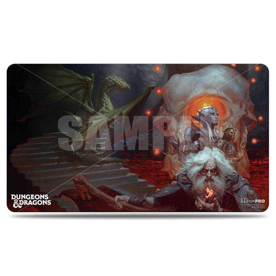 Playmat: Dungeons & Dragons: Waterdeep Dungeon - Dungeons & Dragons playmat featuring a dragon and adventurers in a fiery cavern with lava and stone steps.