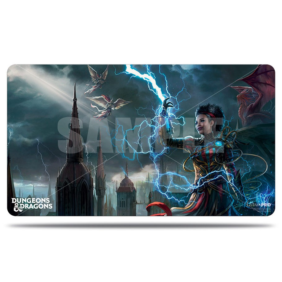 Playmat: Dungeons & Dragons: Guildmasters Ravnica - Dungeons & Dragons Guildmasters Ravnica playmat with wizard casting blue lightning and flying creatures over a dark cityscape.