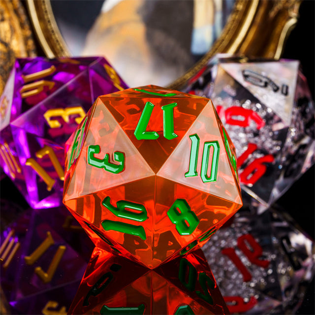 Giant 55mm D20 - Orange - Large translucent orange 20-sided acrylic dice with green numbers on a reflective black surface, surrounded by purple and.