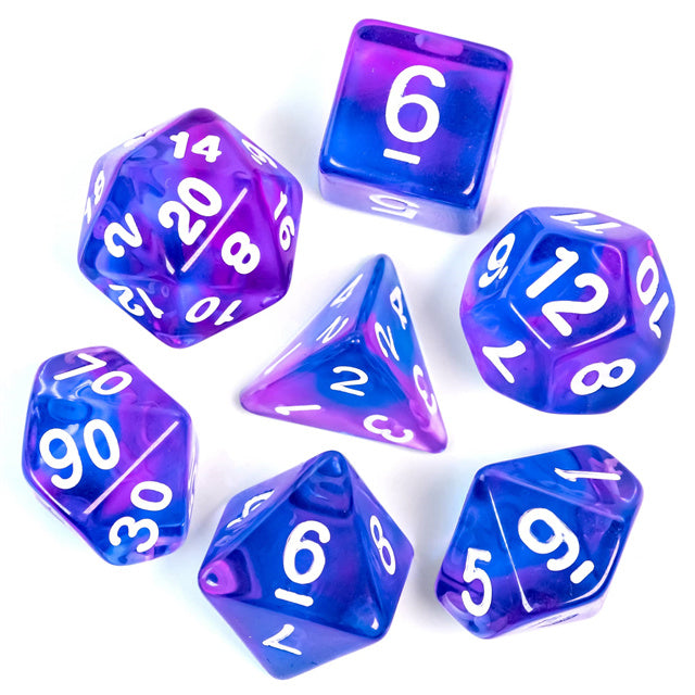 Blue & Purple Transparent Dice - Set of seven blue and purple transparent acrylic dice with white numbers, including d20, d12, d10, d8, d6, d4, and.