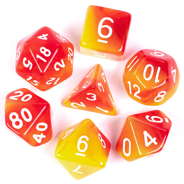 Orange & Yellow Transparent Dice - Set of seven orange and yellow transparent acrylic dice with white numbers, including d4, d6, d8, d10, d12, d20, and.