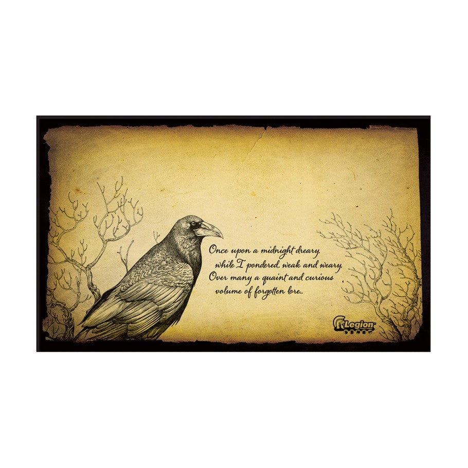 Playmat: The Raven - Vintage-style playmat with a detailed black raven on a parchment background and cursive text.