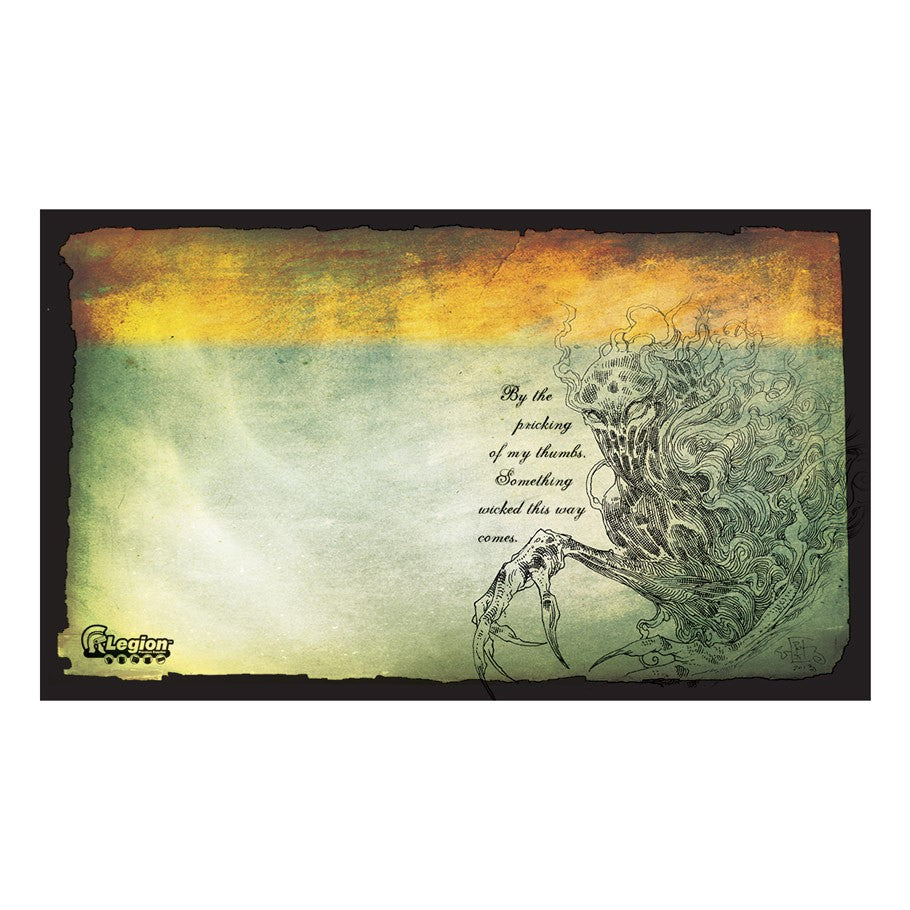 Playmat: Something Wicked - Rectangular playmat with a dark, eerie illustration of a skeletal figure entwined in smoky tendrils on a textured green and.