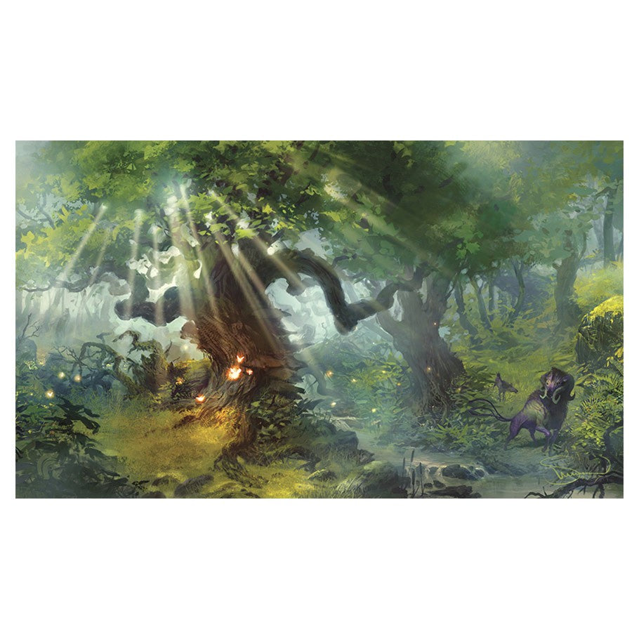 Playmat: Lands Forest - Fantasy forest playmat with sunbeams through dense trees and mysterious glowing lights.