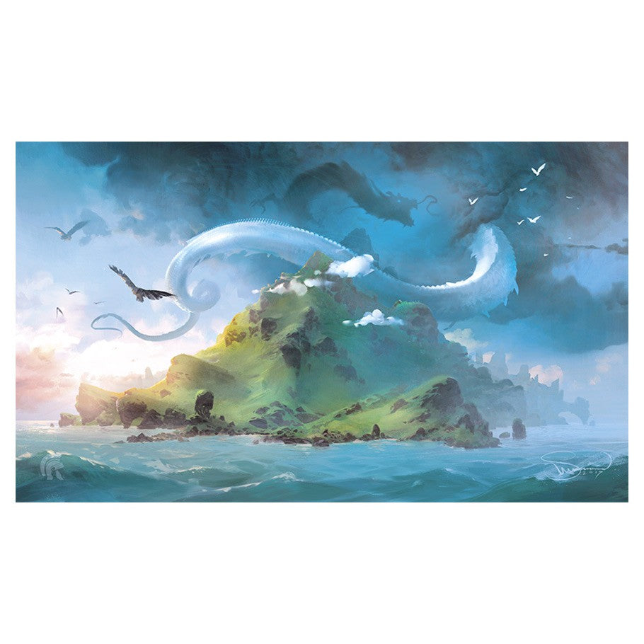 Playmat: Lands Islands - Vibrant playmat featuring a lush green island with rocky cliffs surrounded by ocean under a cloudy sky with flying birds and .