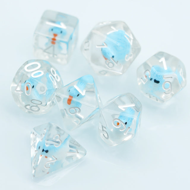 Blue Bird Dice Set - Transparent polyhedral dice set with blue bird inclusions and white numbering.