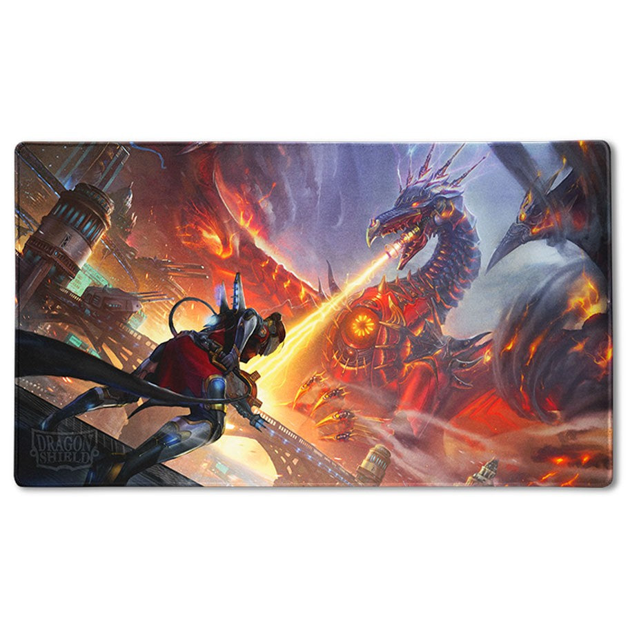 Playmat: Bolt Reaper - Fantasy playmat featuring a warrior in armor battling a fiery dragon breathing flames amidst dark, stormy skies.