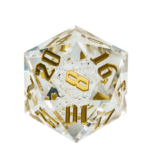 Giant 55mm D20 - Clear Bubbles - Clear acrylic giant 55mm d20 dice with gold numbers and numerous internal bubbles.