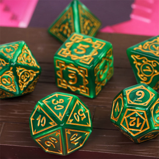 Green Ranger Acrylic Dice Set - Green acrylic polyhedral dice set with gold numbering, including d20, d12, d10, d8, d6, and d4.
