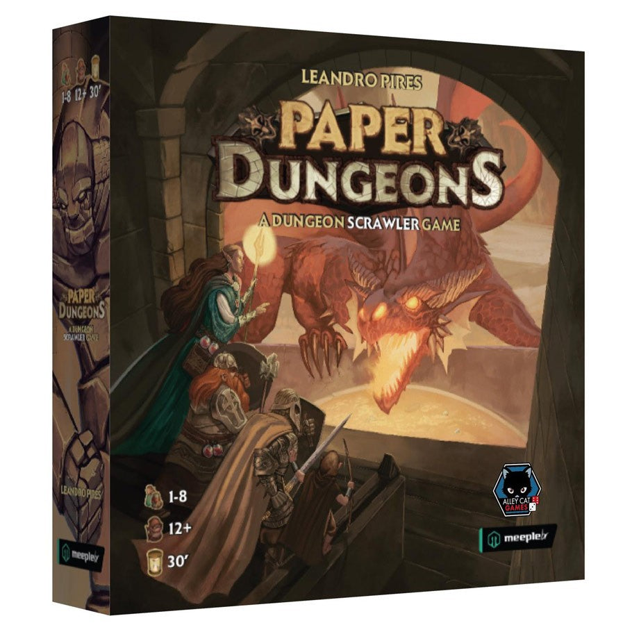 Paper Dungeons - Paper Dungeons board game box featuring adventurers and a fire-breathing dragon in a dungeon setting.