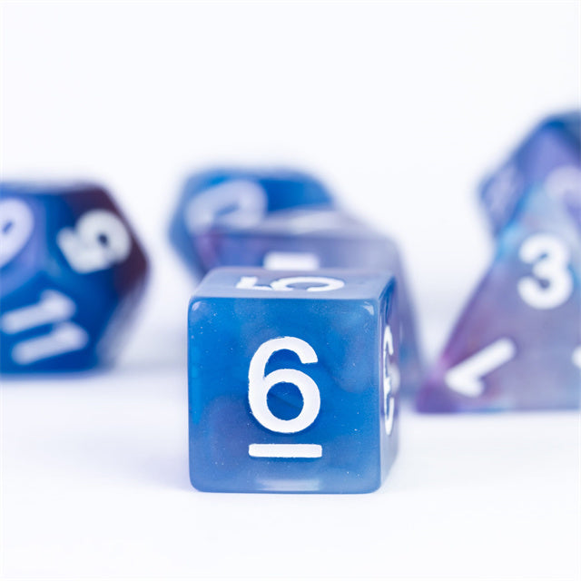 Blue Jade Resin Dice Set - Translucent blue resin six-sided die with white numbers and a smooth glossy finish.
