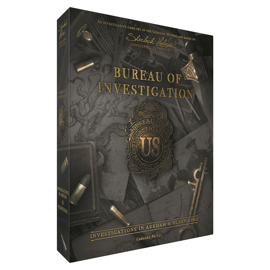 Bureau of Investigation - Dark-themed Bureau of Investigation game box with a gold US badge and scattered detective tools design.