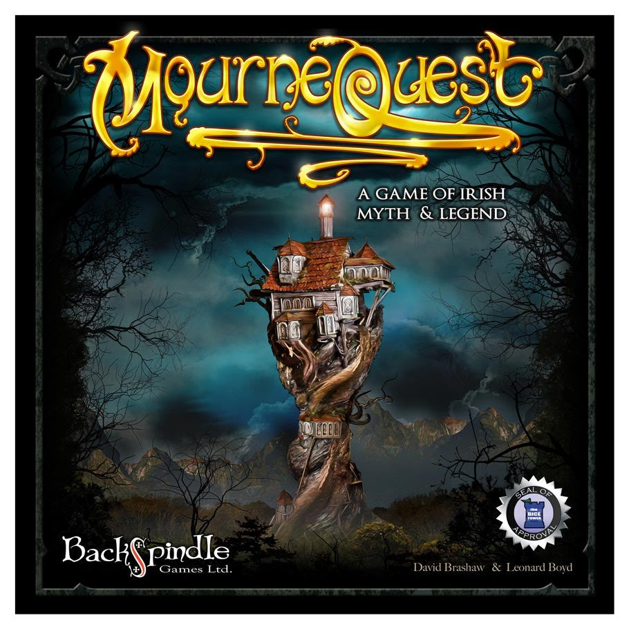 MourneQuest - MourneQuest game box featuring a mystical stone hand holding a castle under a dark, cloudy sky.