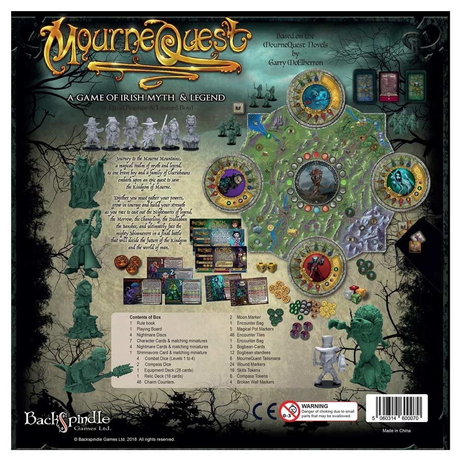 MourneQuest - MourneQuest cooperative board game layout with character miniatures, colorful game board, cards, and tokens on dark themed.