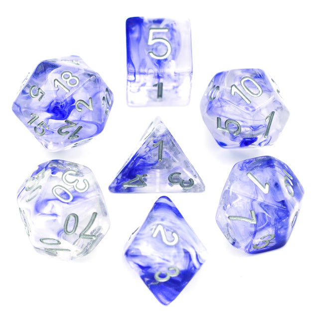 Blue Smoke Dice Set - Seven transparent dice with swirling blue smoke inside and white numbering, including d20, d12, d10, d8, d6, d4, and.
