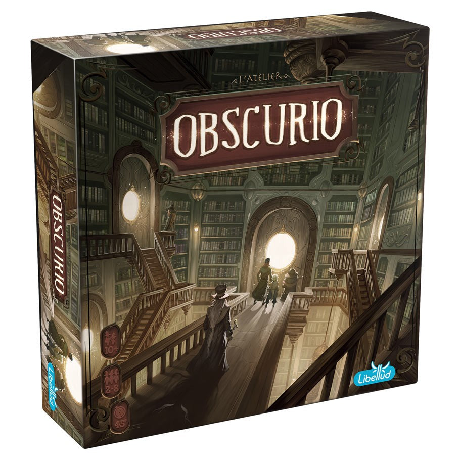 Obscurio - Obscurio board game box with dark fantasy library artwork and glowing light in background.