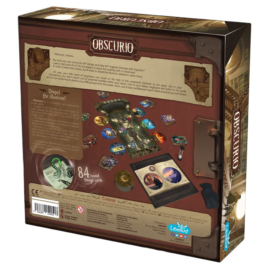 Obscurio - Obscurio board game box back with colorful cards, tokens, and illustrated guide details.