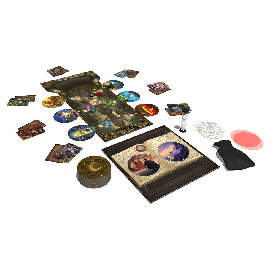 Obscurio - Obscurio board game with a dark fantasy-themed board, illustrated cards, colorful tokens, and a pink sand timer on a white.