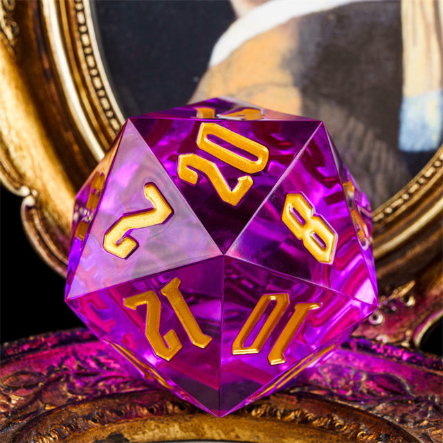 Giant 55mm D20 - Purple - Transparent purple acrylic 55mm 20-sided dice with gold numbered faces.