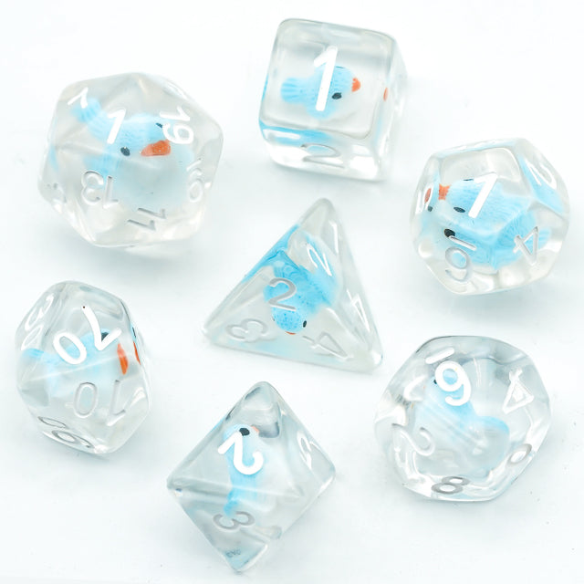 Blue Bird Dice Set - Transparent polyhedral dice set with blue bird inclusions and white numbering, seven pieces.