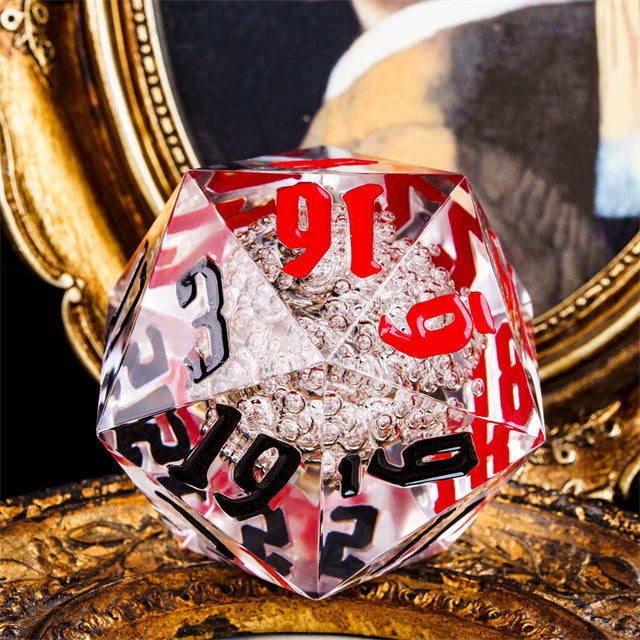 Giant 55mm D20 - Black & Red Bubbles - Giant 55mm acrylic D20 die with black and red bubble-filled numbers on clear sides.