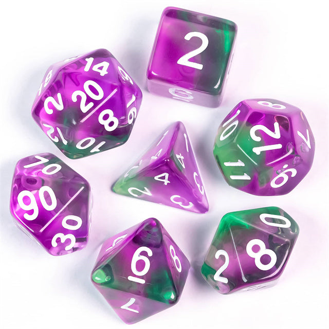 Purple & Green Transparent Dice - Set of seven transparent purple and green acrylic dice with white numbers, including d4, d6, d8, d10, d12, d20, and.