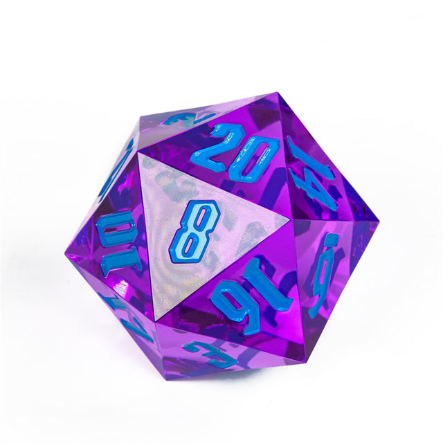 Giant 55mm D20 - Purple With Blue Numbers - Giant 55mm translucent purple 20-sided acrylic die with bold blue numbers.