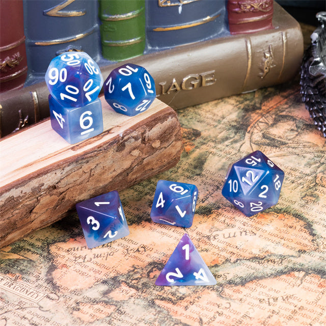Blue Jade Resin Dice Set - Blue jade resin polyhedral dice set with white numbering displayed on a vintage map background.