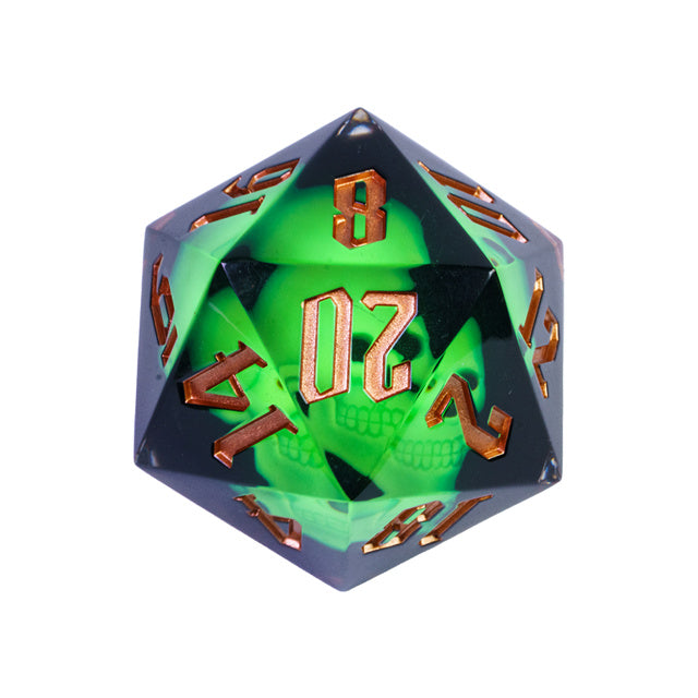 Giant 55mm D20 - Glowing Skull - Giant translucent green 55mm d20 dice with glowing skull inside and copper-colored numbers.