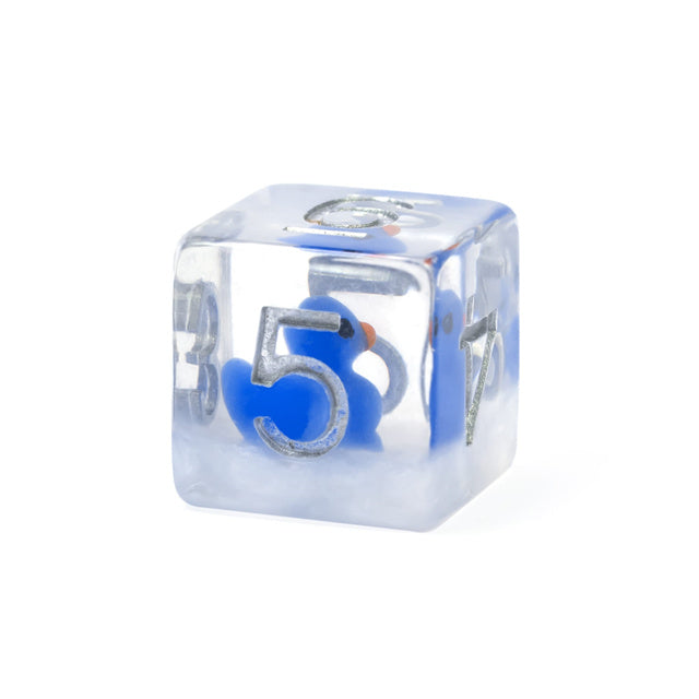 Blue Duck Dice Set - Clear acrylic six-sided die with raised blue number 5 and a blue duck silhouette inside.