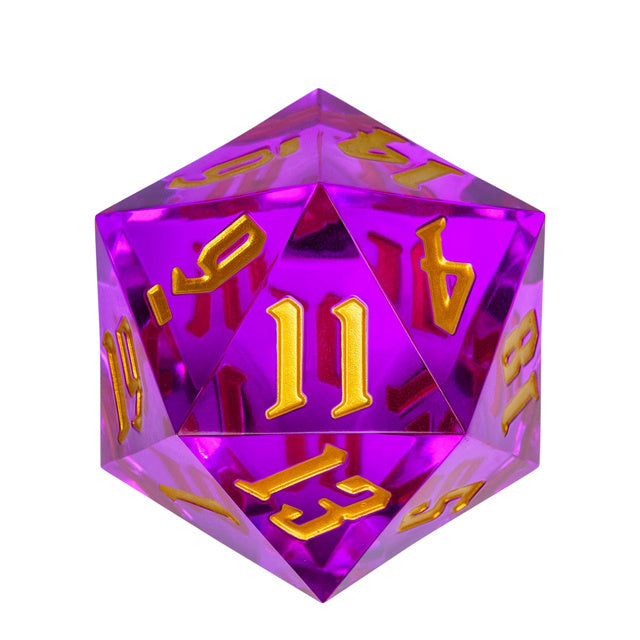 Giant 55mm D20 - Purple - Giant purple acrylic 20-sided die with gold numbers, glossy finish.