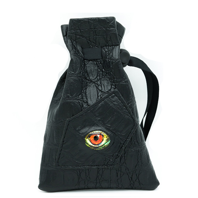 Mimic Dice Bag - Black faux leather dice bag shaped like a mimic monster head with a detailed yellow and red eye design.