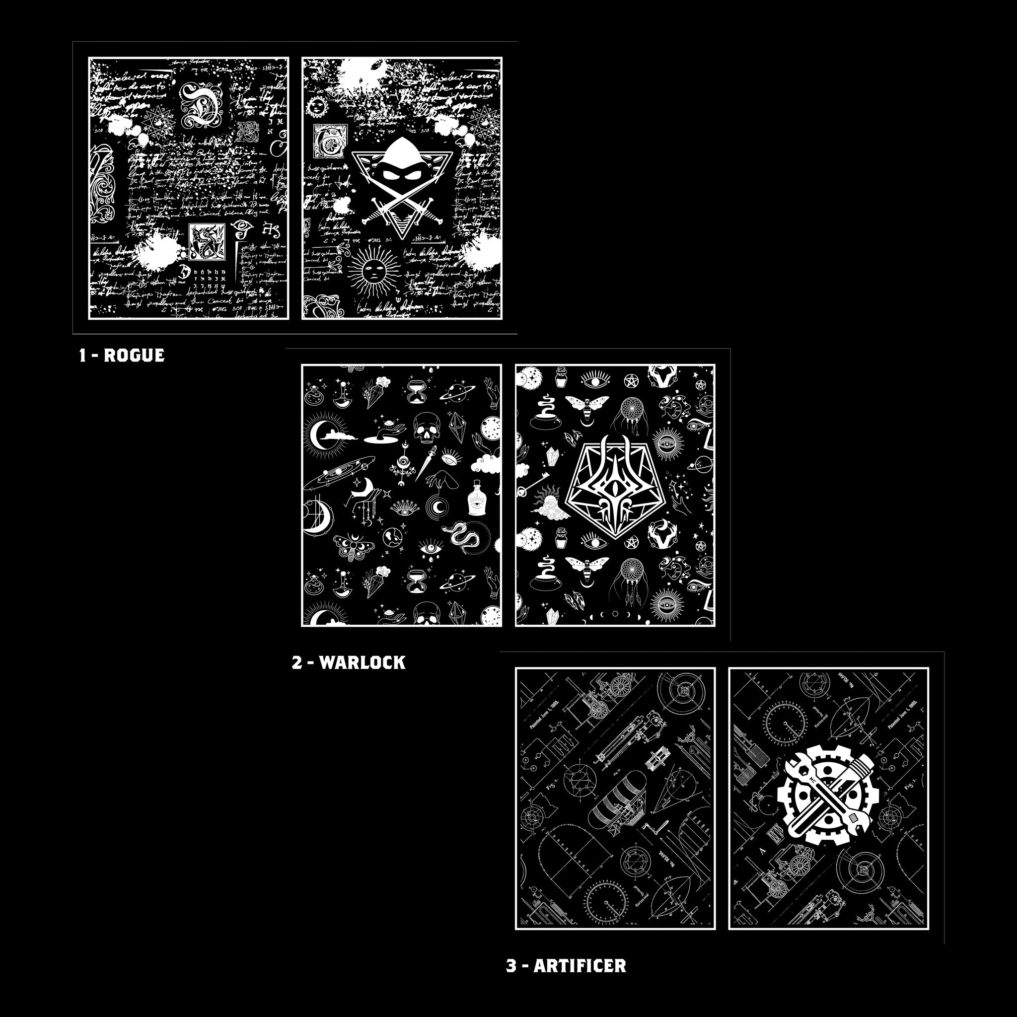 Class Cover 5E Character Journals - Set of three black and white DnD character journals with intricate class-themed illustrations for Rogue, Warlock, and.