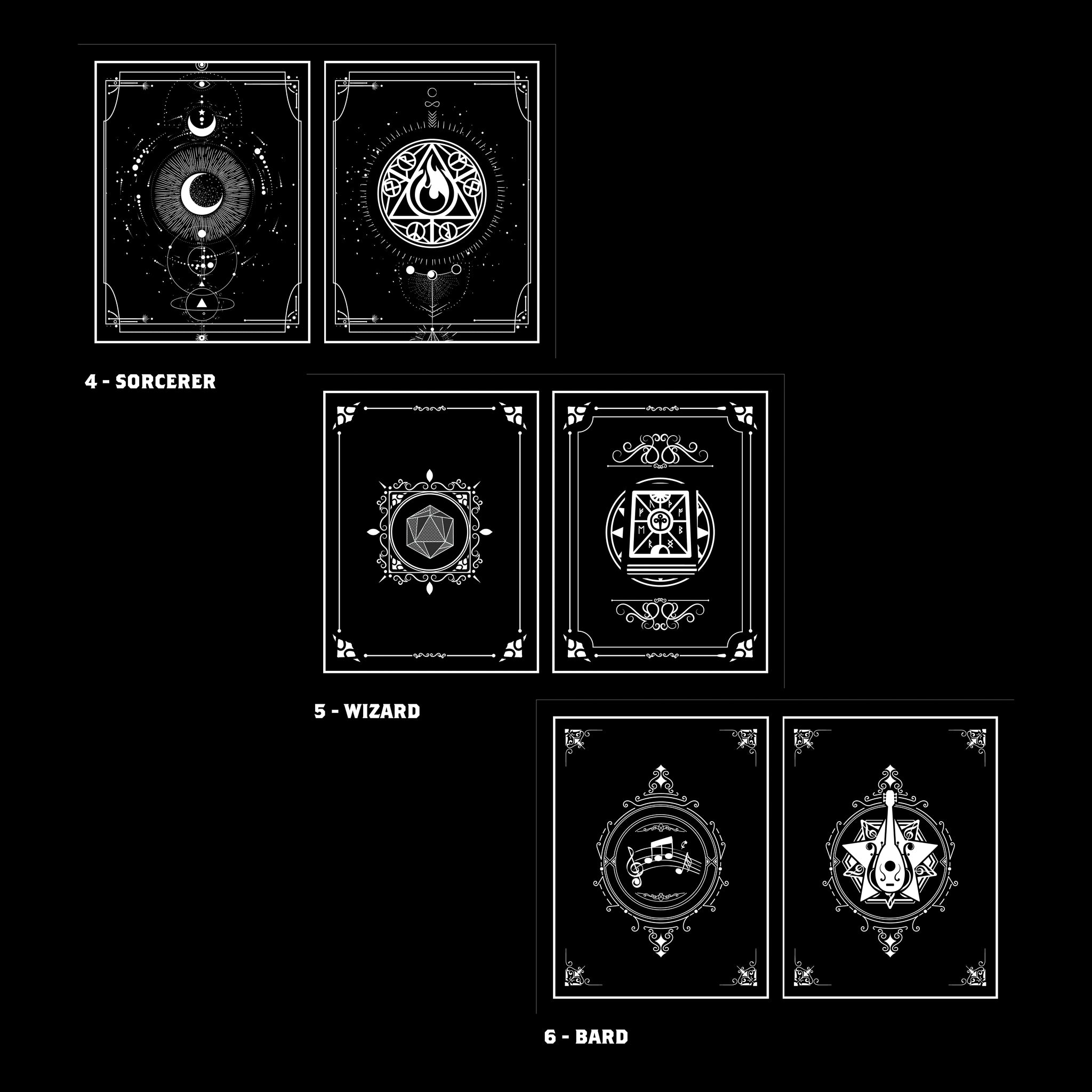 Class Cover 5E Character Journals - Set of black hardcover journals with white magical and fantasy-inspired designs representing Sorcerer, Wizard, and Bard.