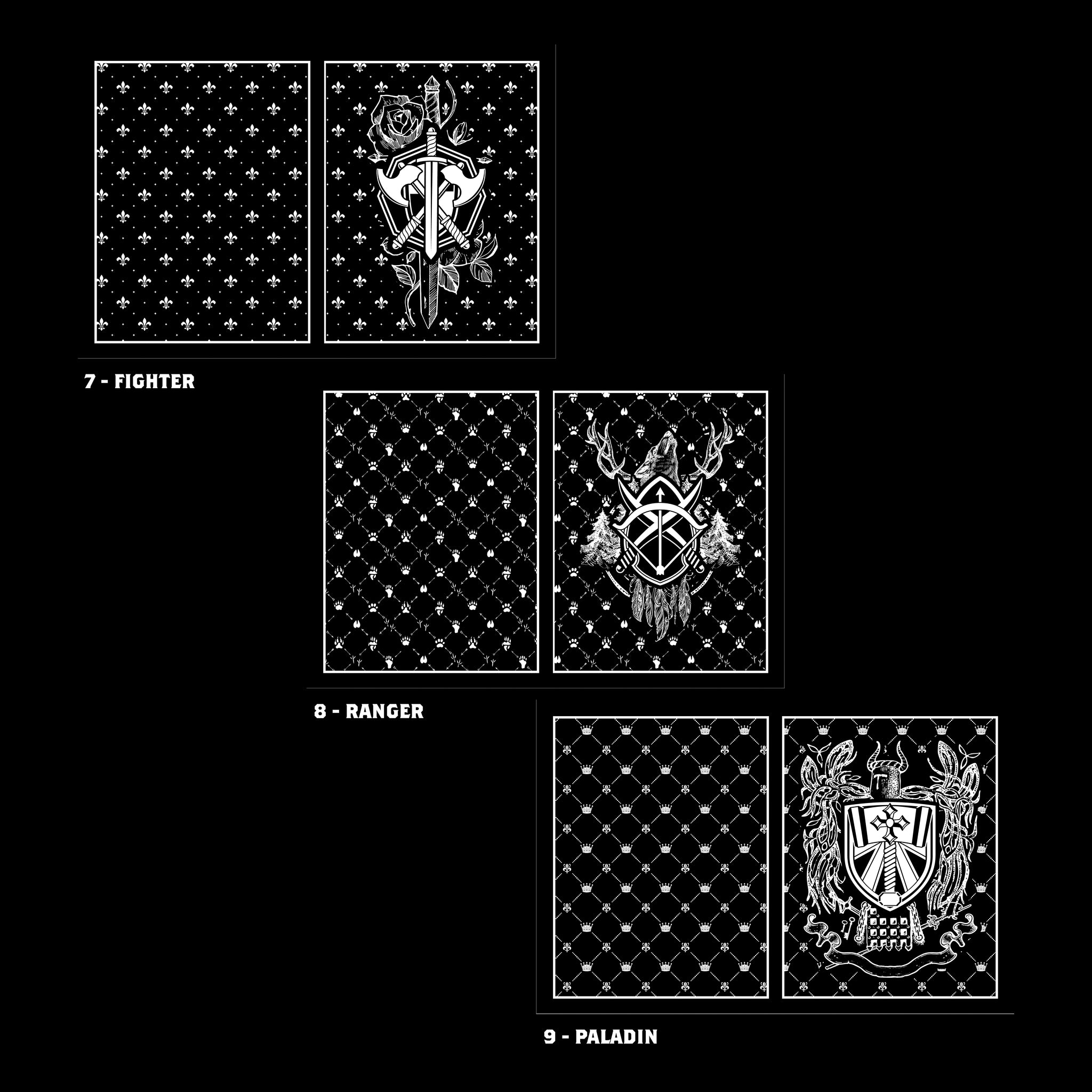 Class Cover 5E Character Journals - Set of three black journals with white fantasy-themed class symbols and decorative dotted and floral patterns labeled.