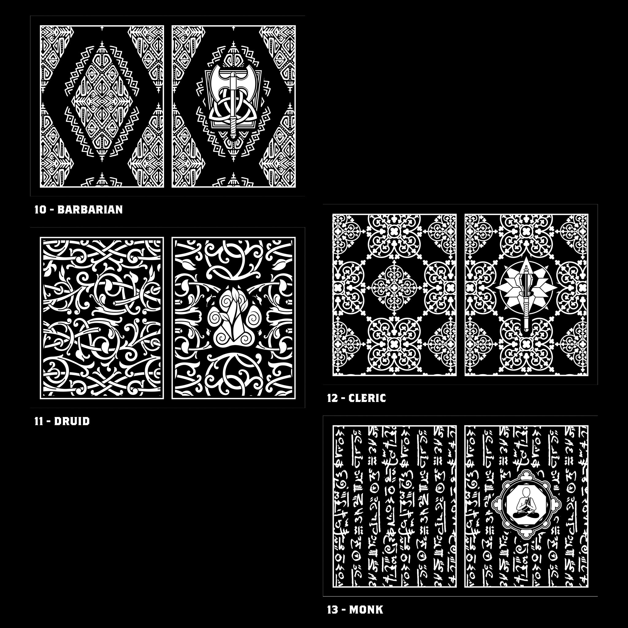 Class Cover 5E Character Journals - Set of four black and white character journals with intricate fantasy patterns labeled Barbarian, Druid, Cleric, and Monk.