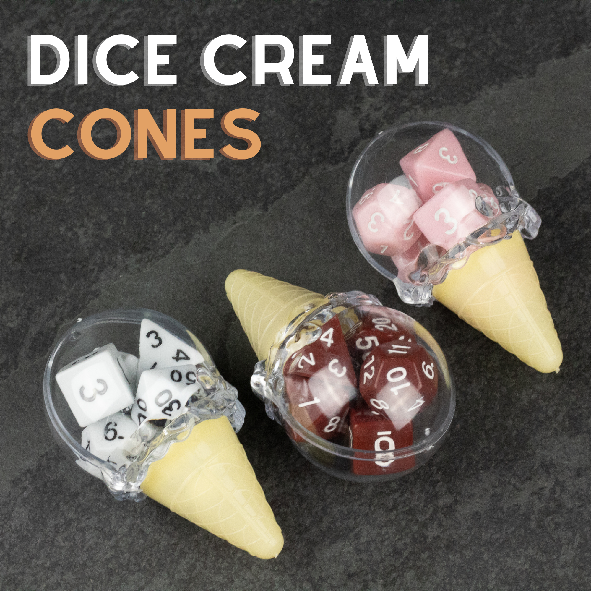 Dice Cream Cones - Three plastic ice cream cones holding sets of dice in white, red, and pink colors with clear lids.