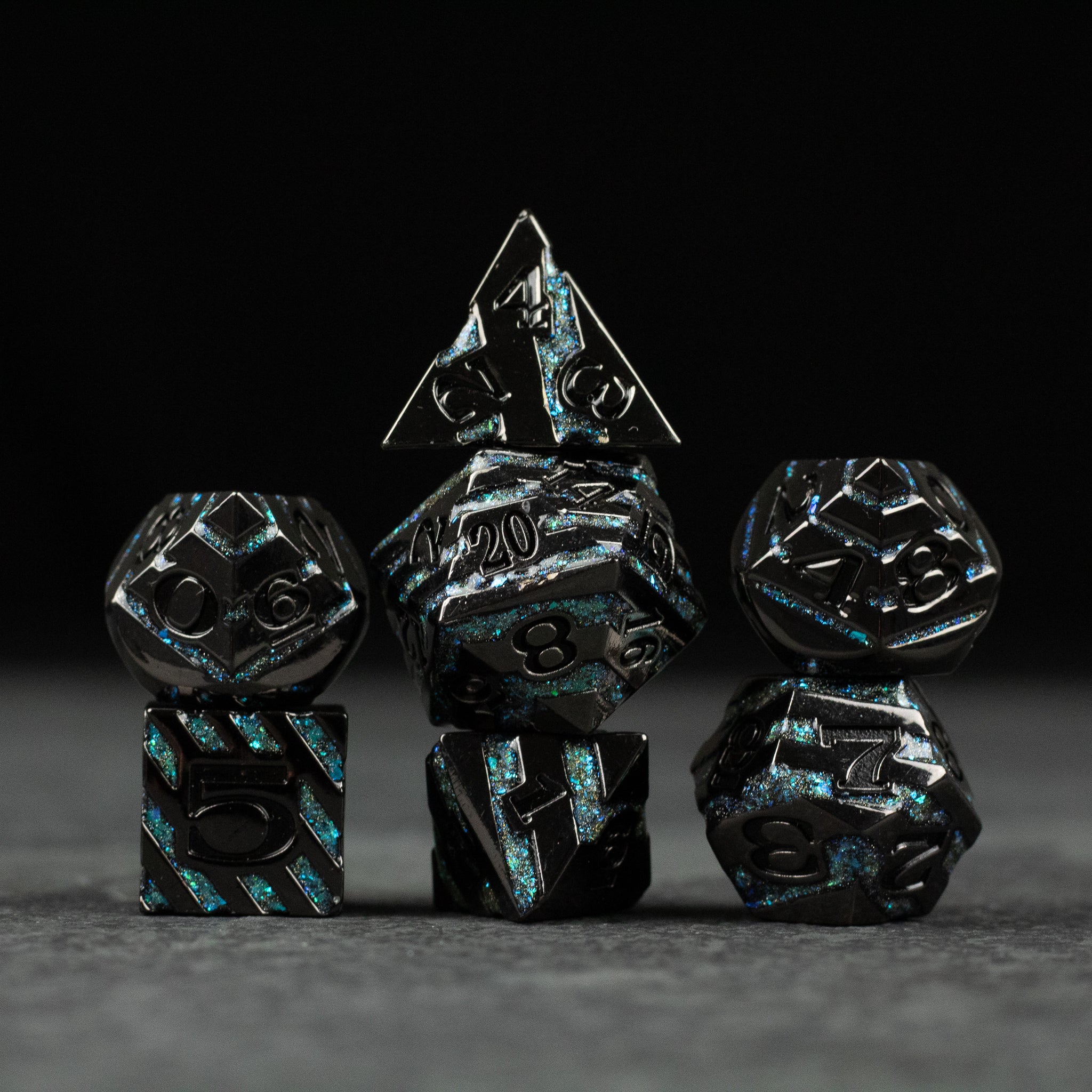 Blue Arcane Leyline Dice Set - Metallic blue polyhedral dice set with etched arcane symbols and sharp edges.