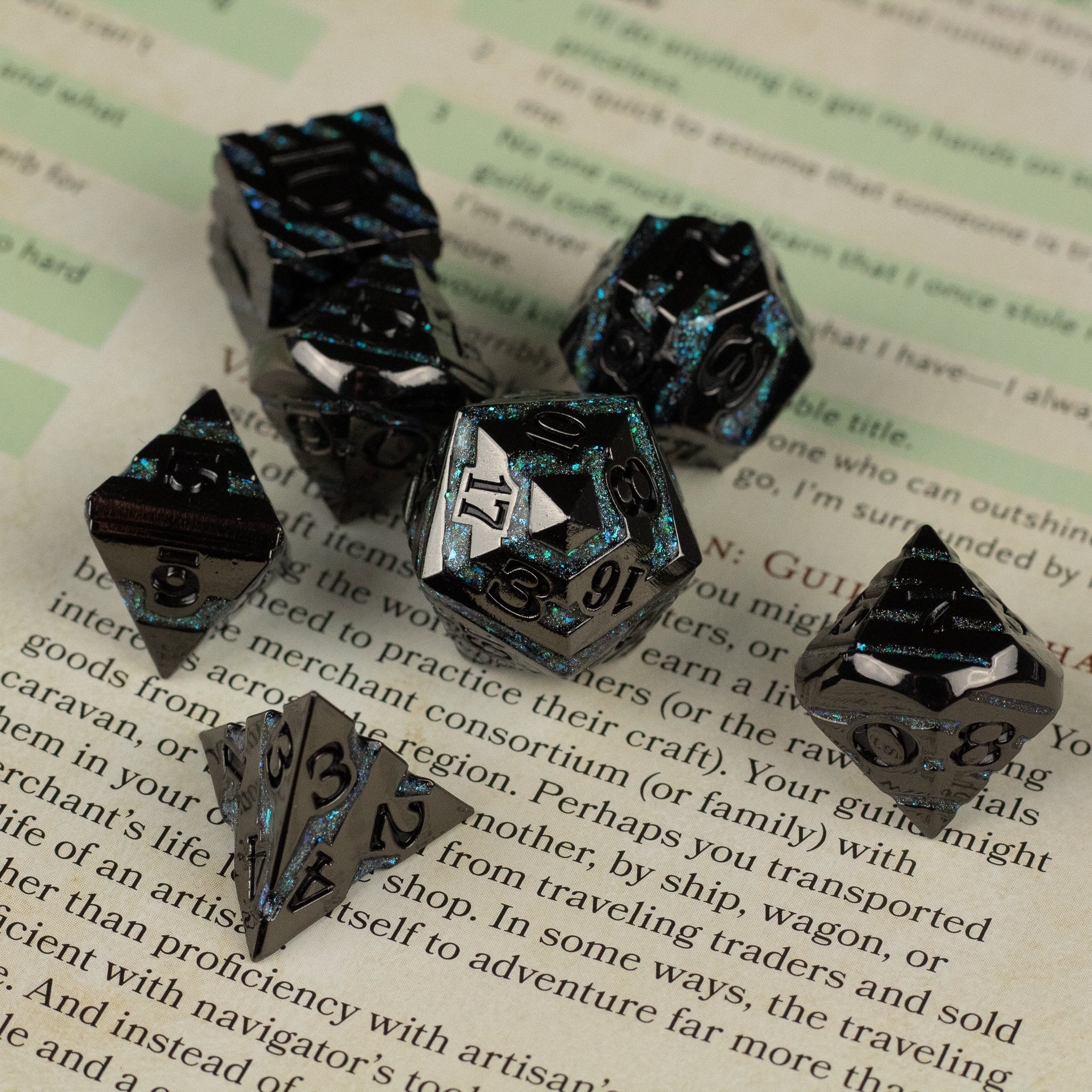 Blue Arcane Leyline Dice Set - Black metal polyhedral dice with blue arcane-style lines, showing different numbered faces.
