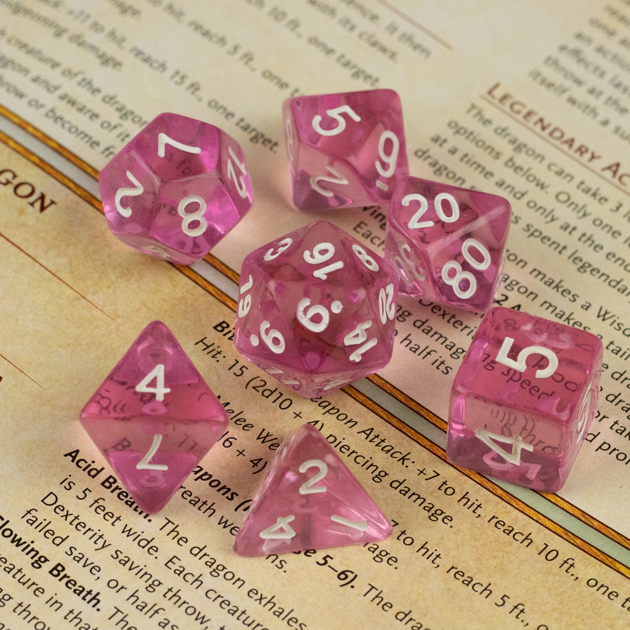 Pink Transparent Dice Set - Set of seven pink transparent polyhedral dice with white numbers on a game page background.