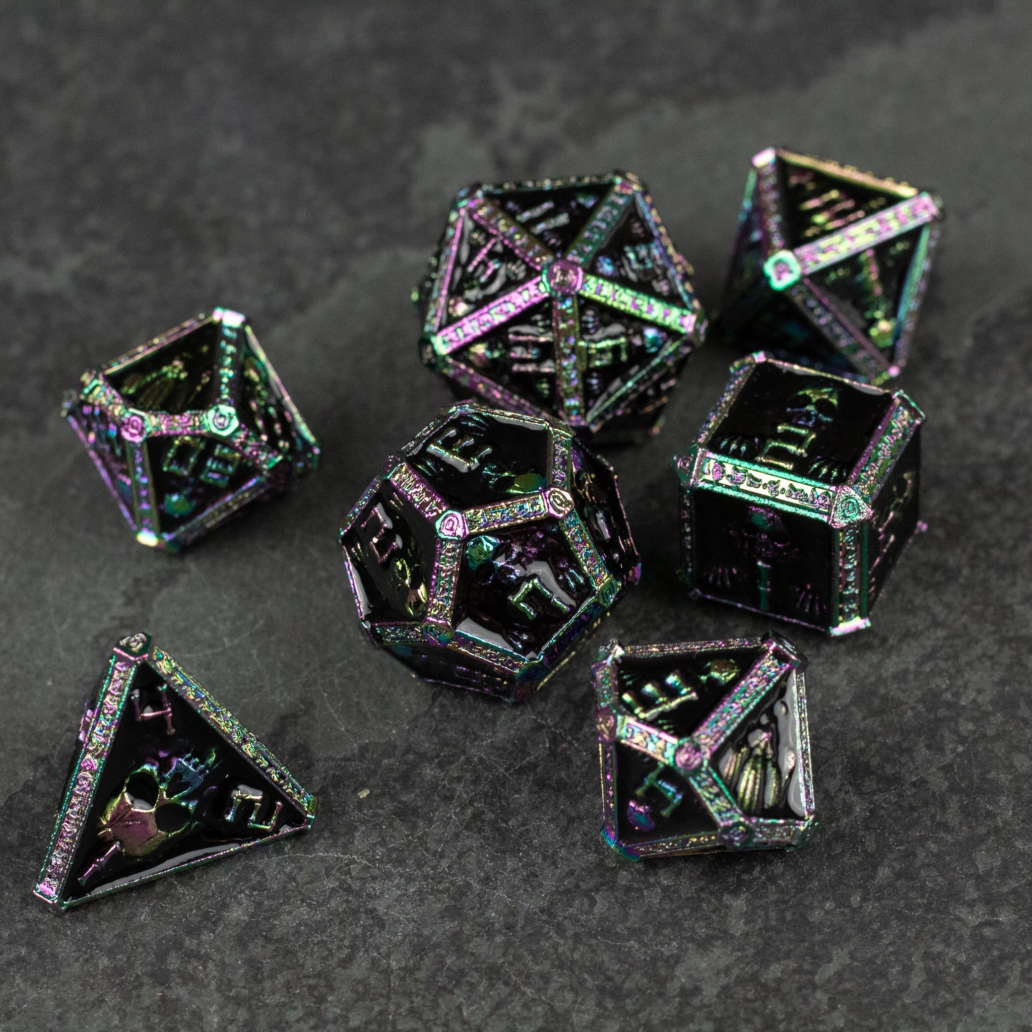 Anodized Necromancer Metal Dice Set - Black anodized metal dice set with neon purple-green edges and numbers, seven polyhedral dice.