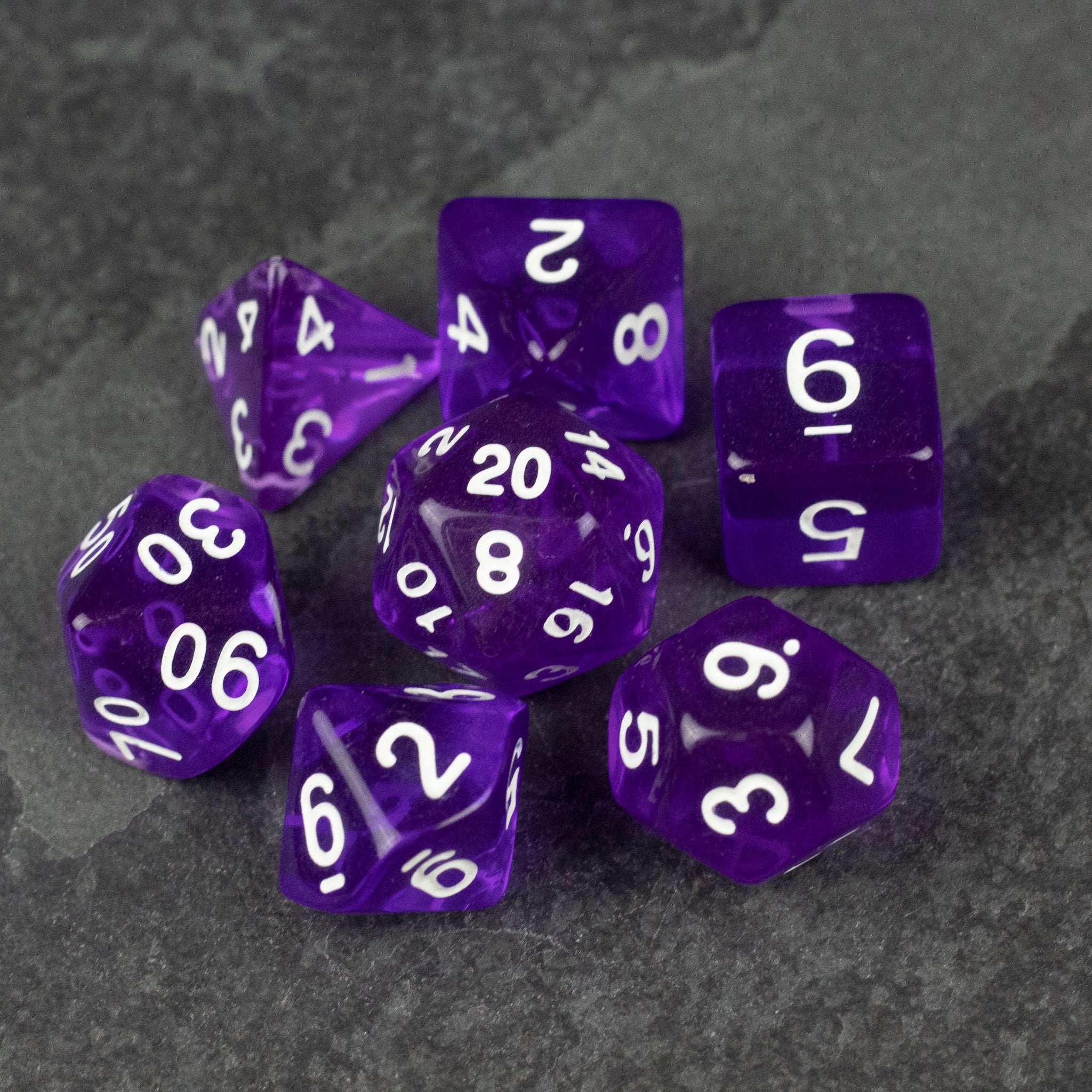 Purple Transparent Dice Set - Set of eight purple transparent polyhedral dice with white numbers for tabletop games.
