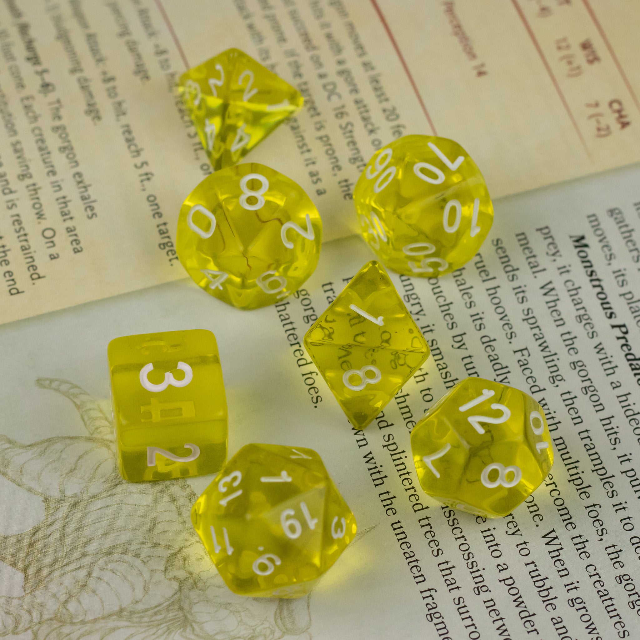 Yellow Transparent Dice Set - Set of six yellow transparent dice with white numbering on an open book background.