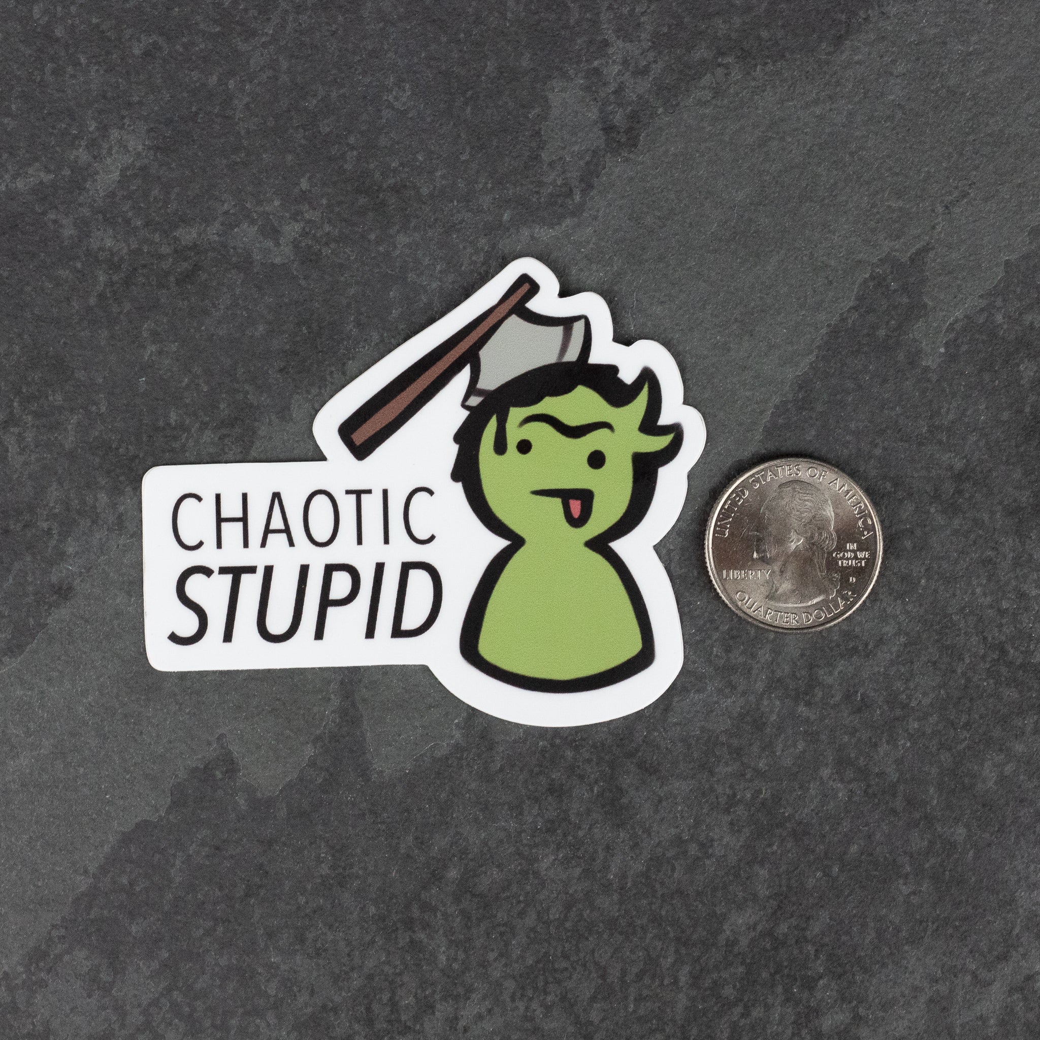 Alignment: Chaotic Stupid DnD Sticker - Green cartoon orc head with a brown club above it and text "Chaotic Stupid" on white background sticker.